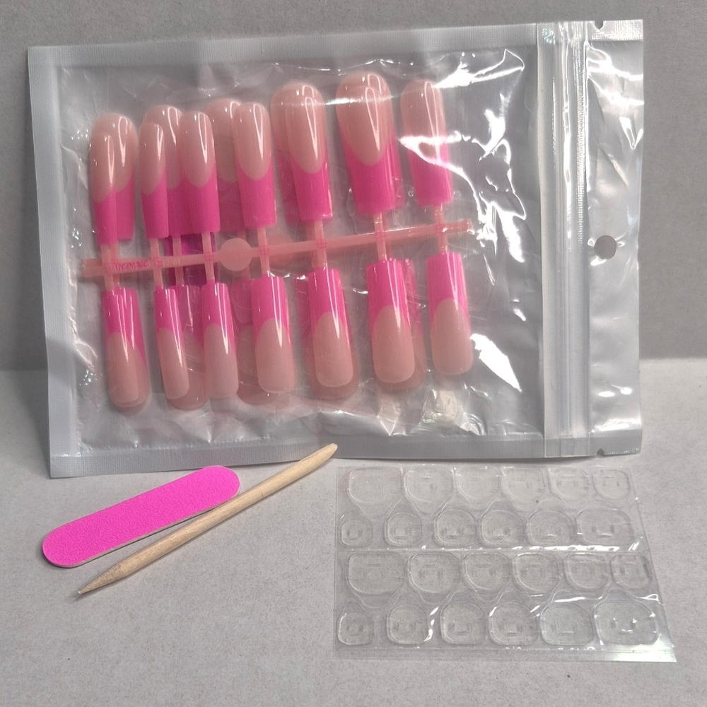 Pink French Tips and Nude Base Color Press-on Nails.